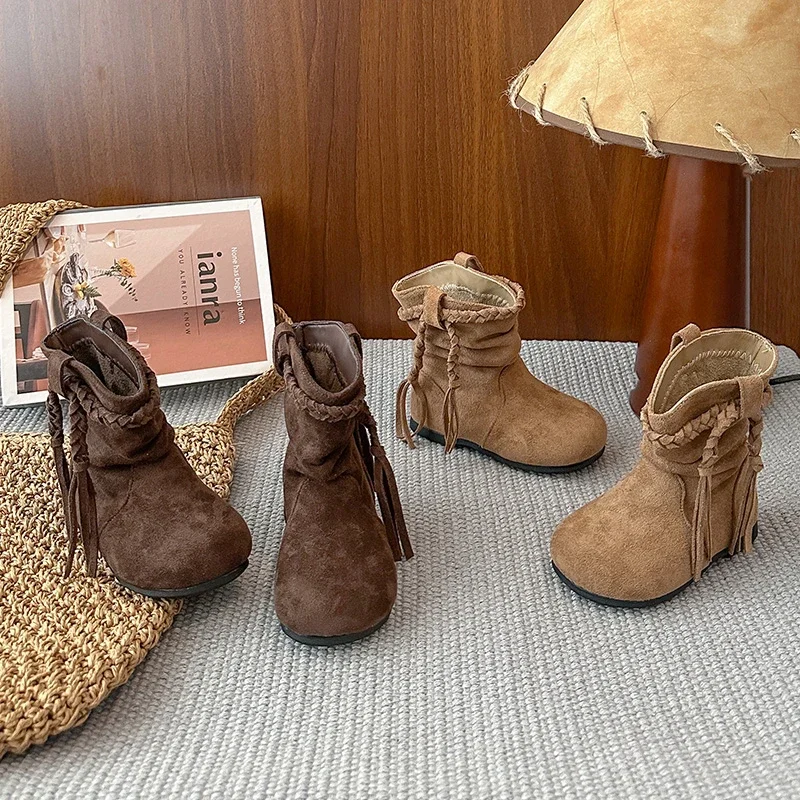 

Детские короткие сапоги, милые сапоги принцессы с кисточками для девочек, элегантные детские кожаные сапоги с круглым носком и мягкой подошвой, осень-зима 2023 г.