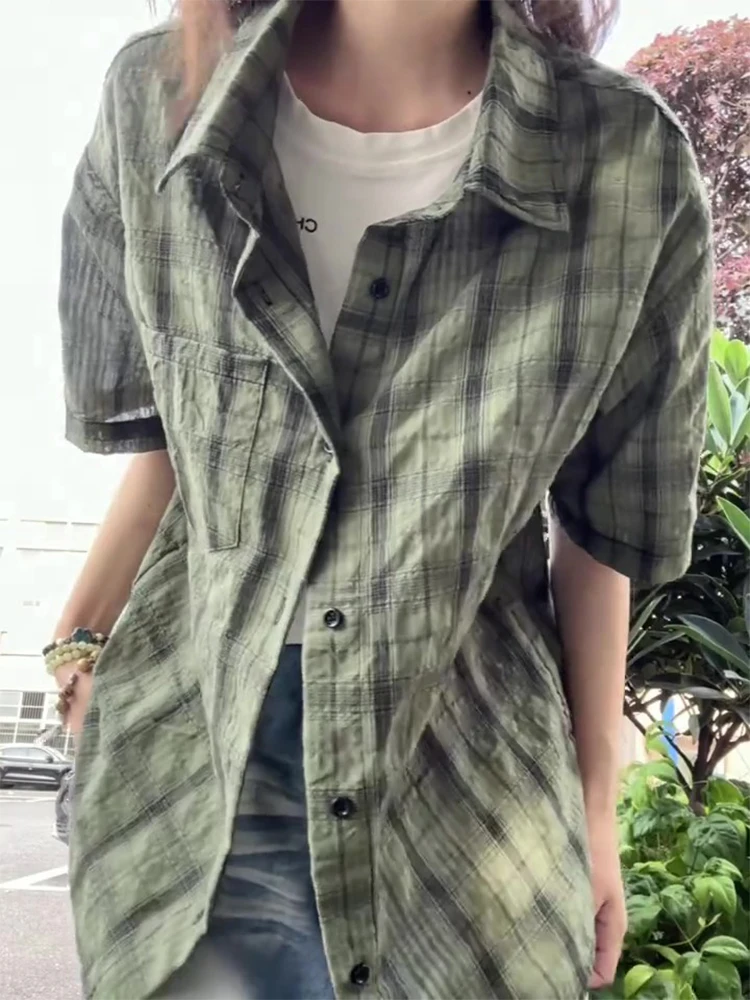 

Eeni American Retro Plaid ort Sve irt Мужская Lazy Sle Striped irt High-End CleanFit Jaet Молодежная летняя мода