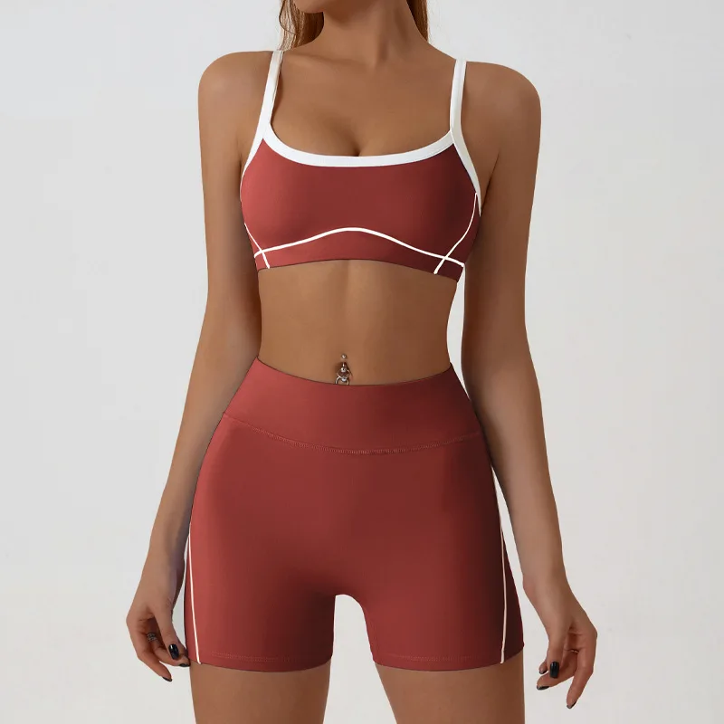 Gym Workout Sportswear Thin Shoulder Contrast Color Bra Suspender Top+Shorts Outdoor Sports Sets Micro-flared Pants Yoga Suit