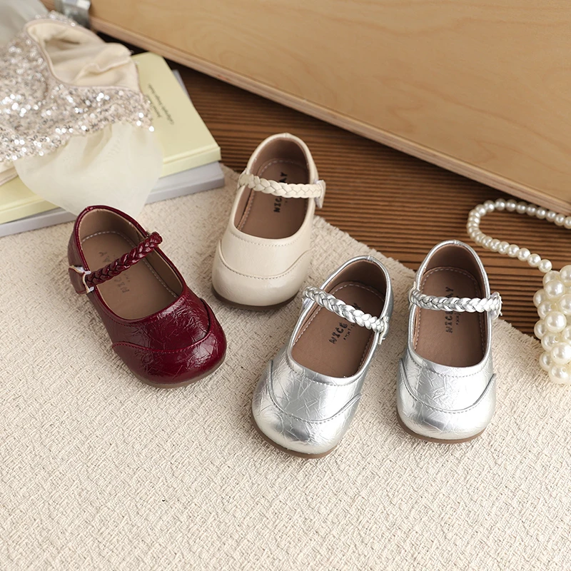 

Girls Weave Mary Jane Shoes Kids Princess Leather Shoes for Party Wedding Soft Sole Non-slip Kids Casual Flats Shoes Size 23-34