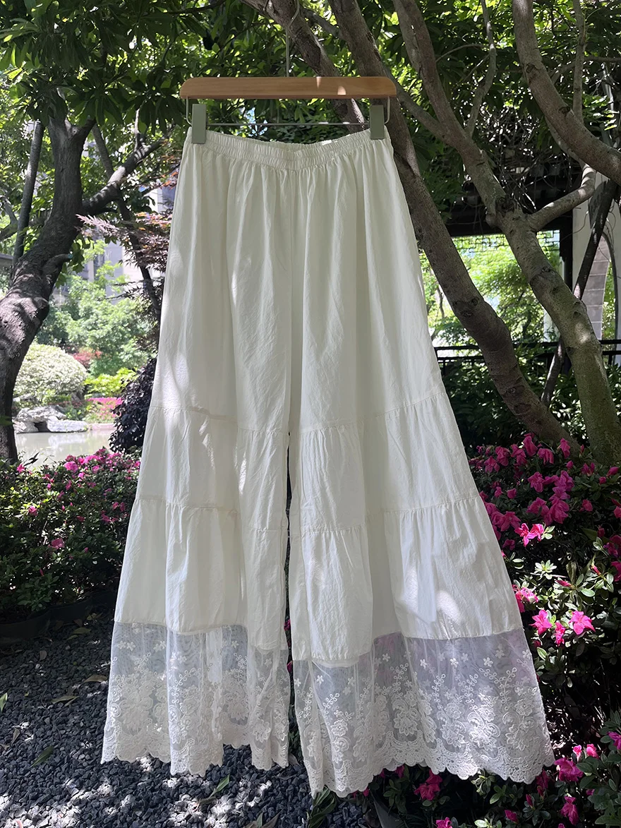 Risen Summer New Fre Calças de renda bordadas soltas e largas, calças de camada base, versão estendida, material fino de al...