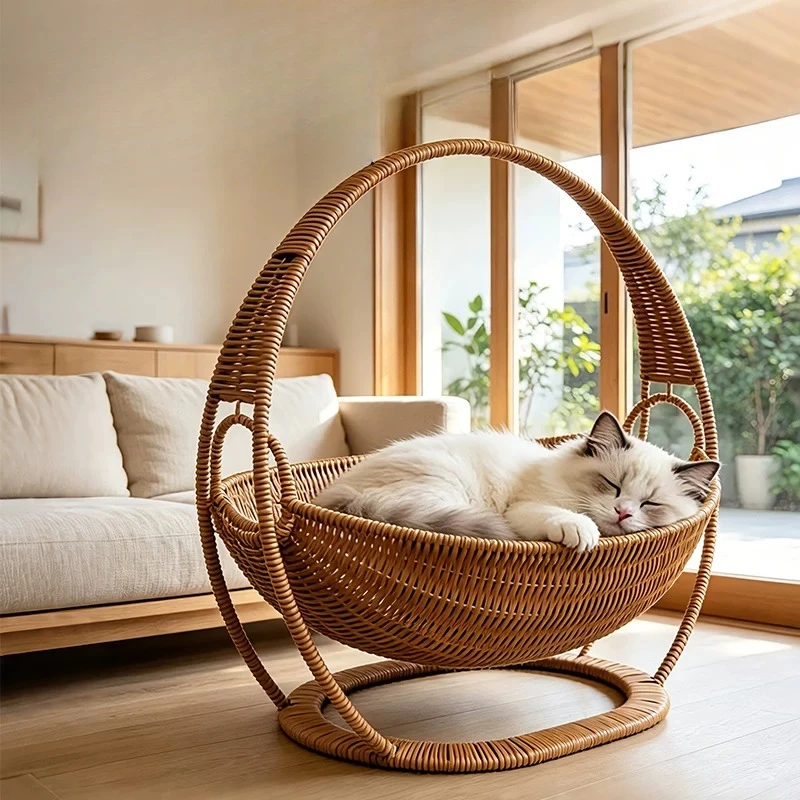 

Imitation rattan woven cat nest cool in summer simple breathable hand woven cat hanging basket hanging dog cradle swinging