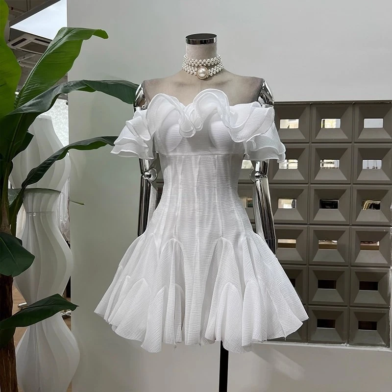 فستان قصير أنيق برقبة مائلة وردية للنساء بخصر عالٍ ملابس خروج أنيقة من فيستدوس ضيقة لحفلات الصيف والعطلات من القماش للسيدات