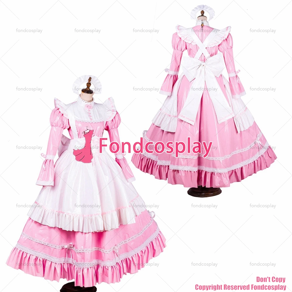 fondcosplay adult sexy cross dressing sissy maid long lockable baby pink thin PVC vinyl dress white apron CD/TV[G1787]