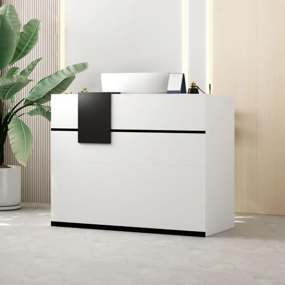 Reception Desk with Counter Front Desk Reception Counter with Moveable Shelves, Lockable Drawer and Black Tapes