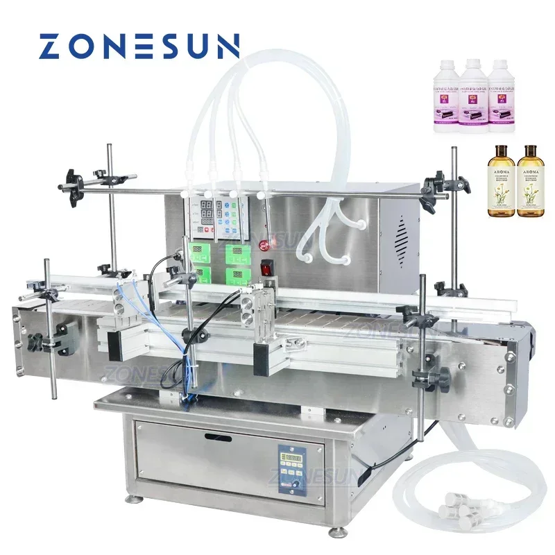 

ZONESUN ZS-DTDP-4P Tabletop Automatic 4 Heads Liquid Filling Machine Chain Conveyor Bottle Water Juice Shampoo Filler Equipment
