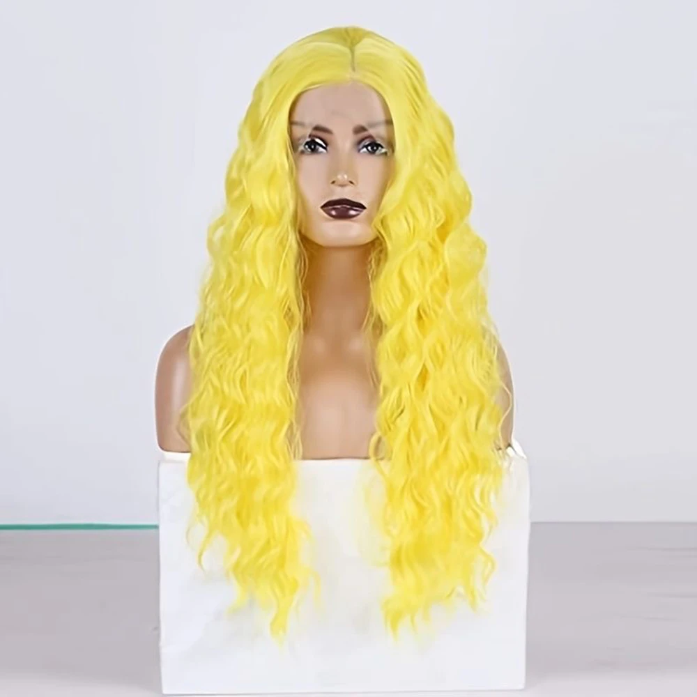 RONGDUOYI Yellow Hair Loose Wave Synthetic Lace Wig Curly Wigs Natural Hairline Lace Lace Frontal Wigs Women Daily Party Use