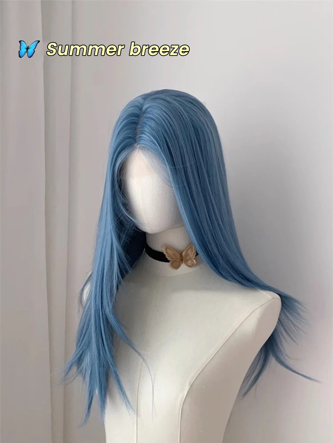 Synthetic Long Straight Lolita Lace Front Wig with Bangs Middle Part Wig Blue Cosplay Party Halloween Harajuku Wig For Women