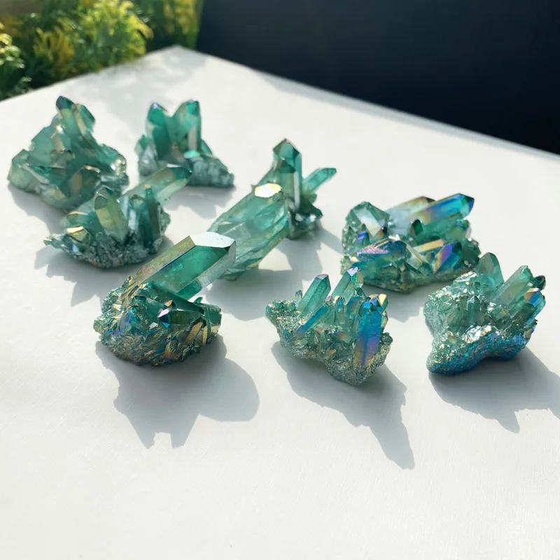 Natural Crystal Green Angel Aura Quartz Cluster Stone Specimens Cured Titanium Coating Healing Crystals Home Decor