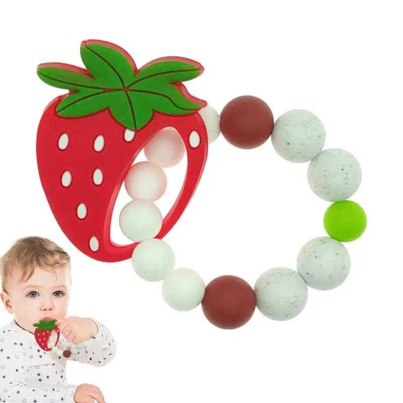 

Silicone Teether Beads Strawberry Shape Teethers with Colorful Teething Beads Car Seat Toy Beaded Chain Soothing Toys for Babies