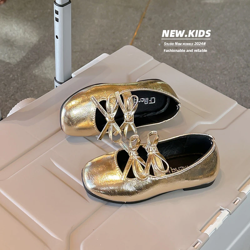 Girls Leather Shoes Spring Autumn New Bow Kid Small Princess Mary Jane Shoes Silver Flat Non-slip Children Baby Single Shoes