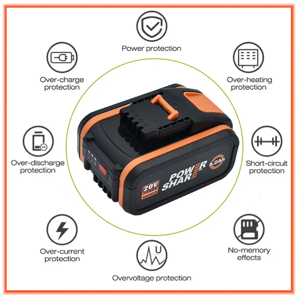 100% Original Worx WA3553 20V 8.0Ah Battery Cordless Power Tool Spare Batteriies WA3572 WA3553 WX390 WA3551 WX176 WX178 Battery