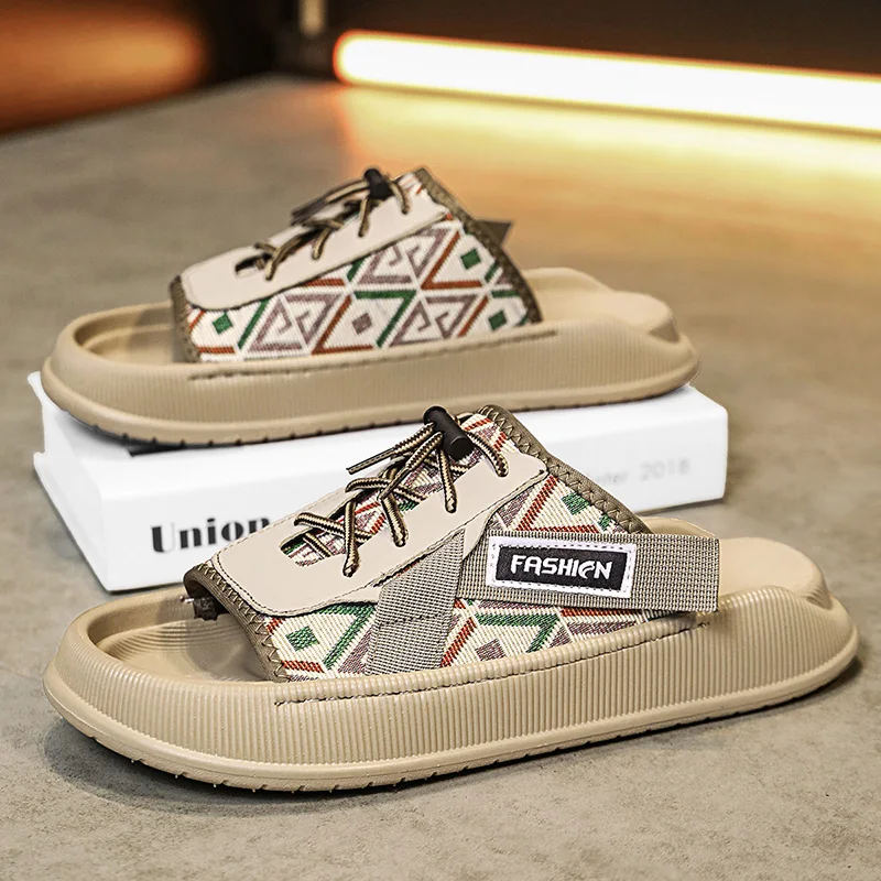 Summer Canvas Anti Slip Man Slippers 2026 Autumn Casual Cool Shoes Fashion Comfort Drag Mens Sandals Soft Sole Beach Footwear 44