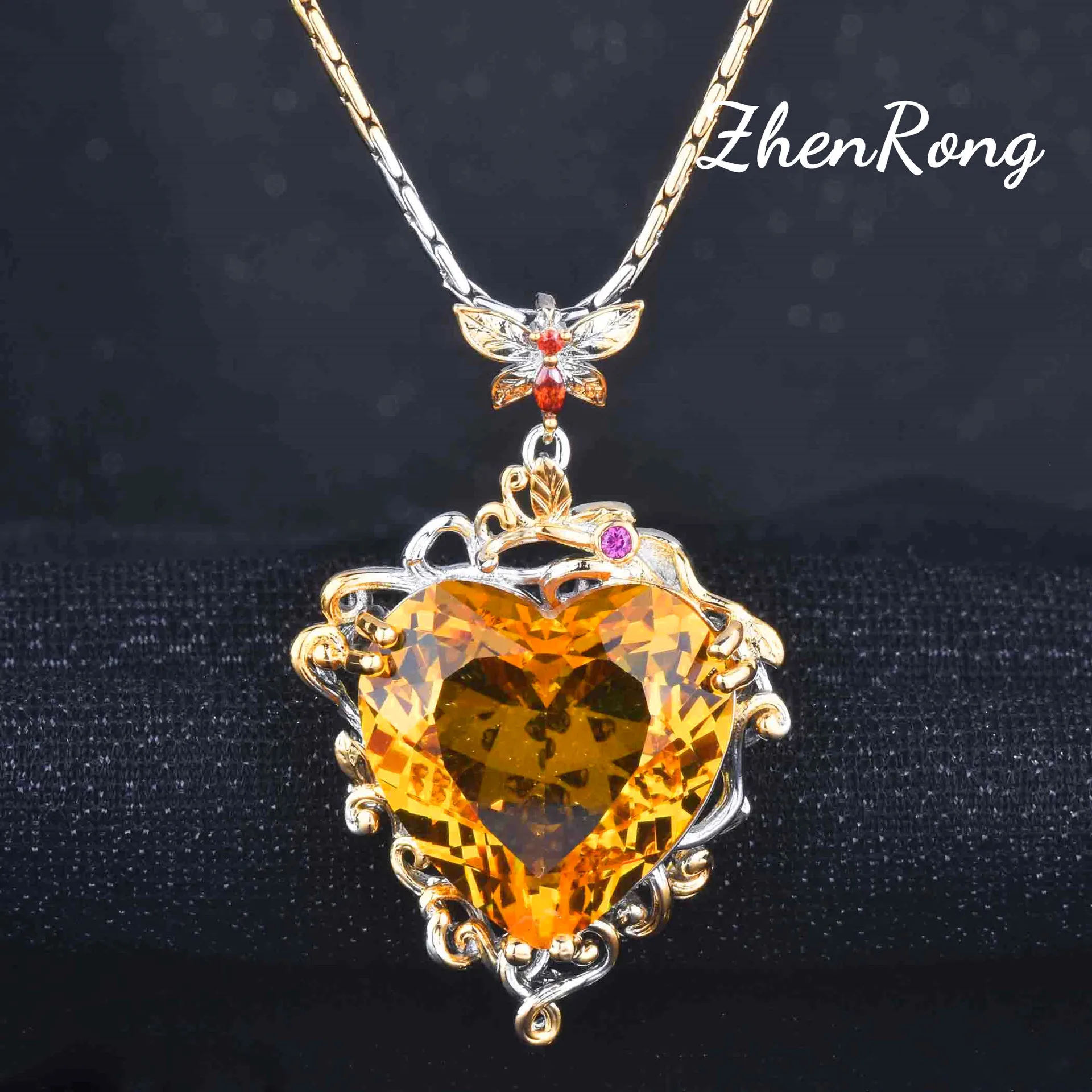 Cute Female Orange Fanta Gemstone Pendant Necklaces Vintage Two-Color Golden Love Heart Necklace For Women Banquet Jewelry