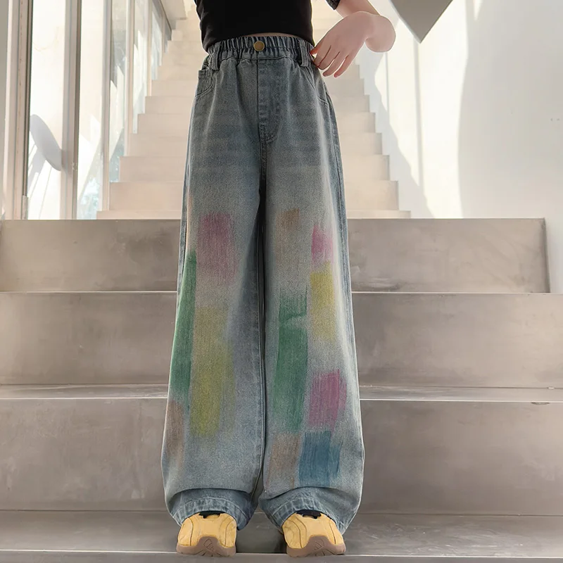 

New Autumn Teenage Girls Loose Straight Jeans With Drawings Spring Fashion Children Wide Leg Denim Pants Kids Age 4 To 14 Years