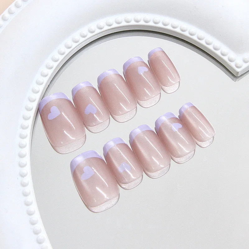 24pcs Nude Pink Cat Eye Press On Nails White French Tip Line Dot Minimalist False Nail Short Square Fake Nail for Women&Girl 3