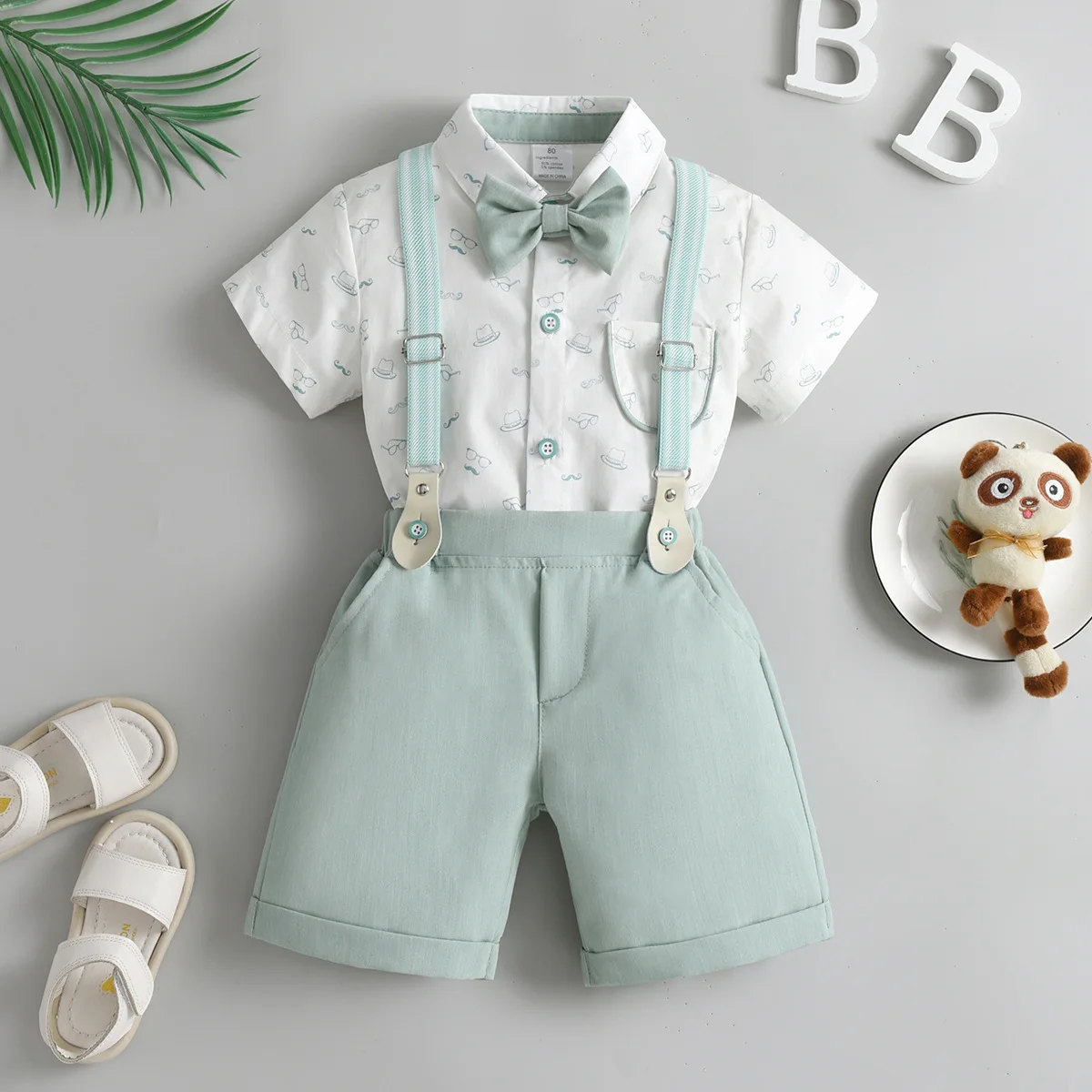 

Boy Wedding Summer Clothes Bow Shirt Suspender Shorts Set Kid Cotton Solid Top Trousers Children Toddler Suits Dropshipping