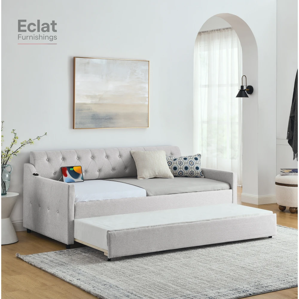 

Twin Size Upholstery DayBed with Twin Size Erectable Trundle and USB Charging Design, Linen Beige,sofa set living room furniture
