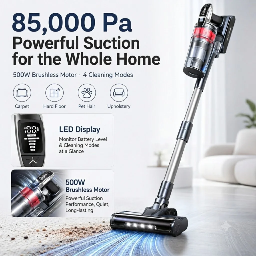Grenintol 500W 85KPa Kabelloser Staubsauger für Zuhause, Stielstaubsauger, 4 Leistungsmodi, 80 Min. Laufzeit, Teppich & Boden