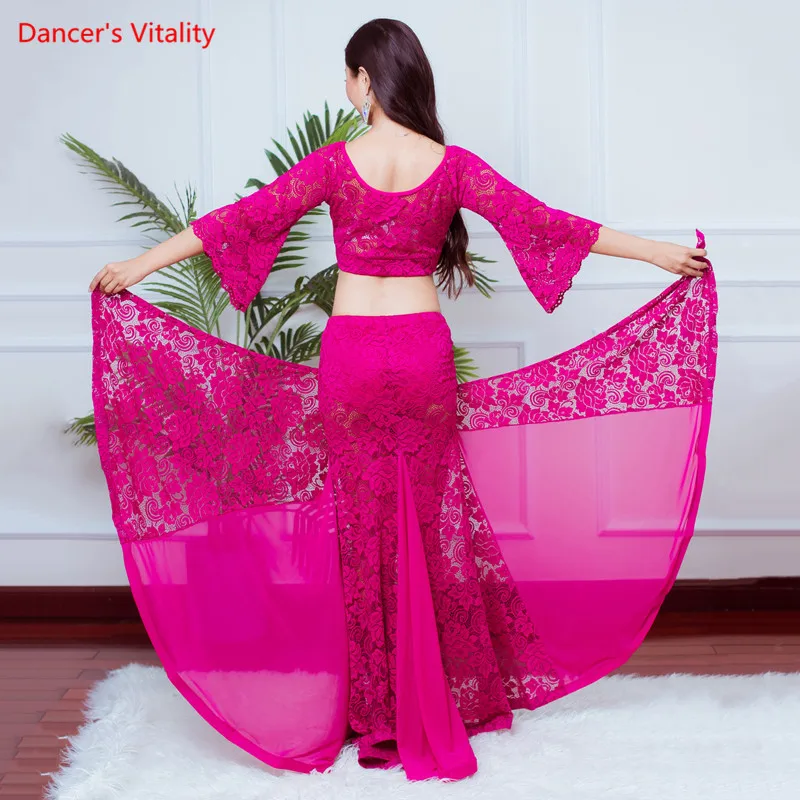 Belly Dance Lace Suit Female Adult Elegant Top Practice Clothes Set Shirt Long Skirt Competition Performance Clothing