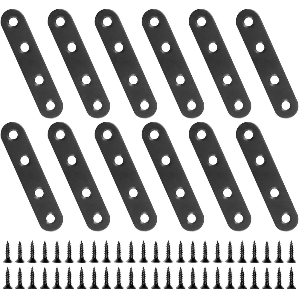 12 Pack 2.99 x 0.63 Black Metal Straight Brackets for Support and Joining Metal or Wood Furniture with 48 Screws