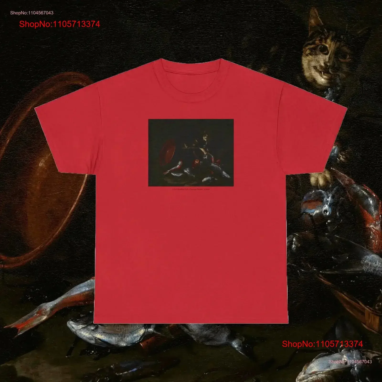 Art History Cat T Shirt A Stealing Fish Giuseppe Recco 1669 Italian Painting Classical Feline Hungry Dark Halloween 's vintage