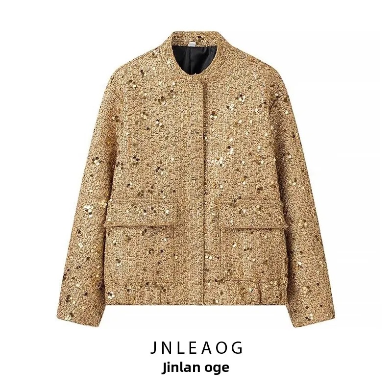 

JNLEAOG, осенняя новинка, женская повседневная куртка с блестками, свободная посадка, длинная застежка-молния, обычная длина
