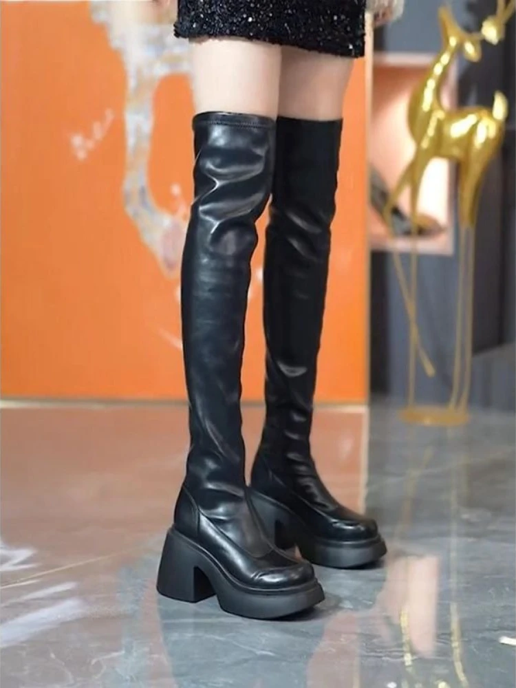

​Women's Over-the-Knee Slim Fit Soft Leather Boots 2025 New Korean Style Chunky Heel Thick Sole Sexy Round Toe Winter Boots​