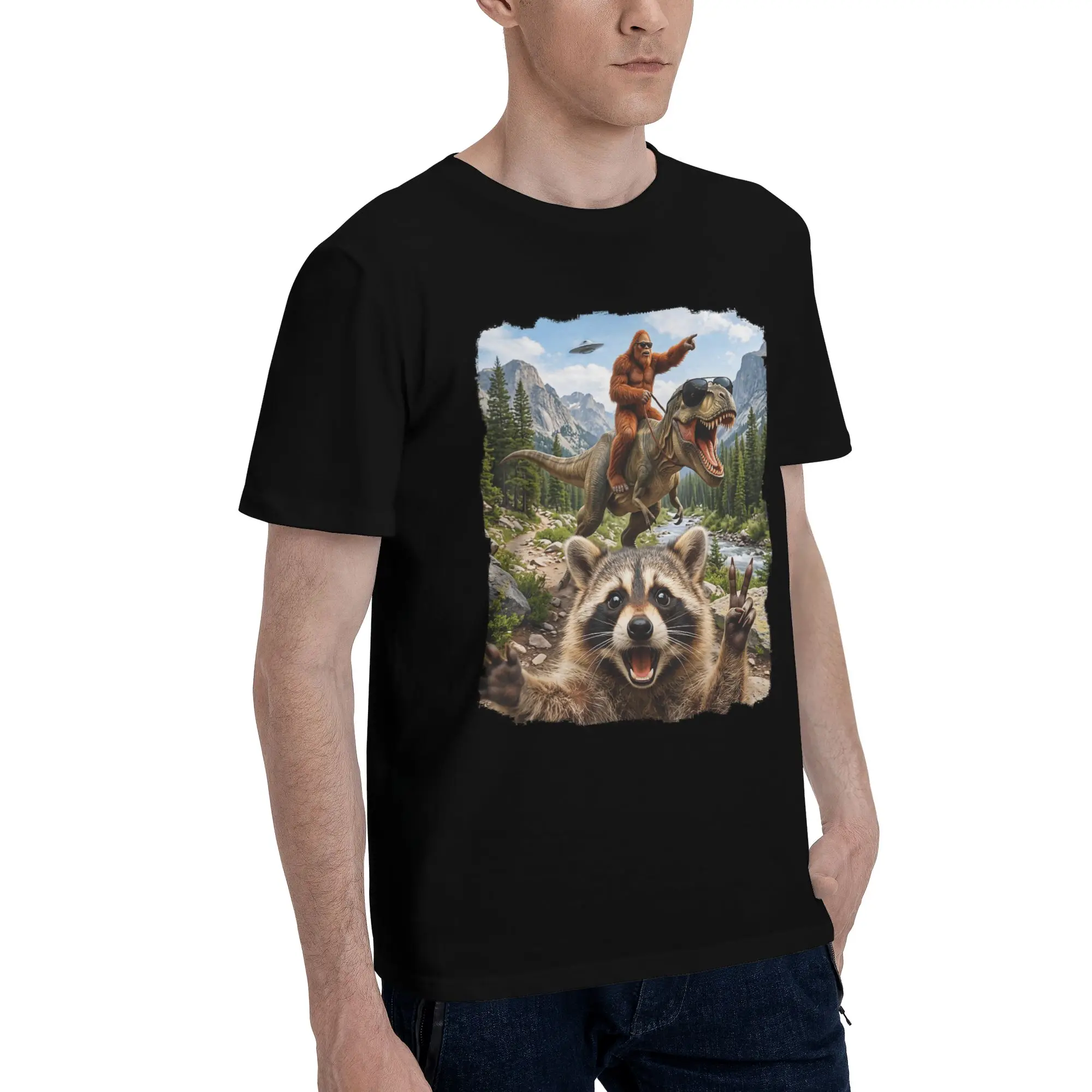 Funny Bigfoot Ride Dinosaur Raccoon Apparel Unisex T Shirt 100% Cotton Tee Printed  T-shirt Clothes