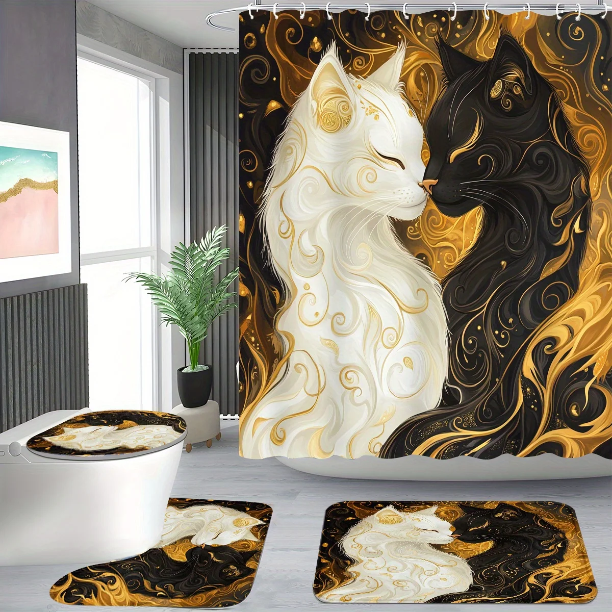 

4pcs Shower Curtain Set, Romantic Black and White Cats Embracing, Modern Bathroom Decor - 71inch*71inch/180cm*180cm