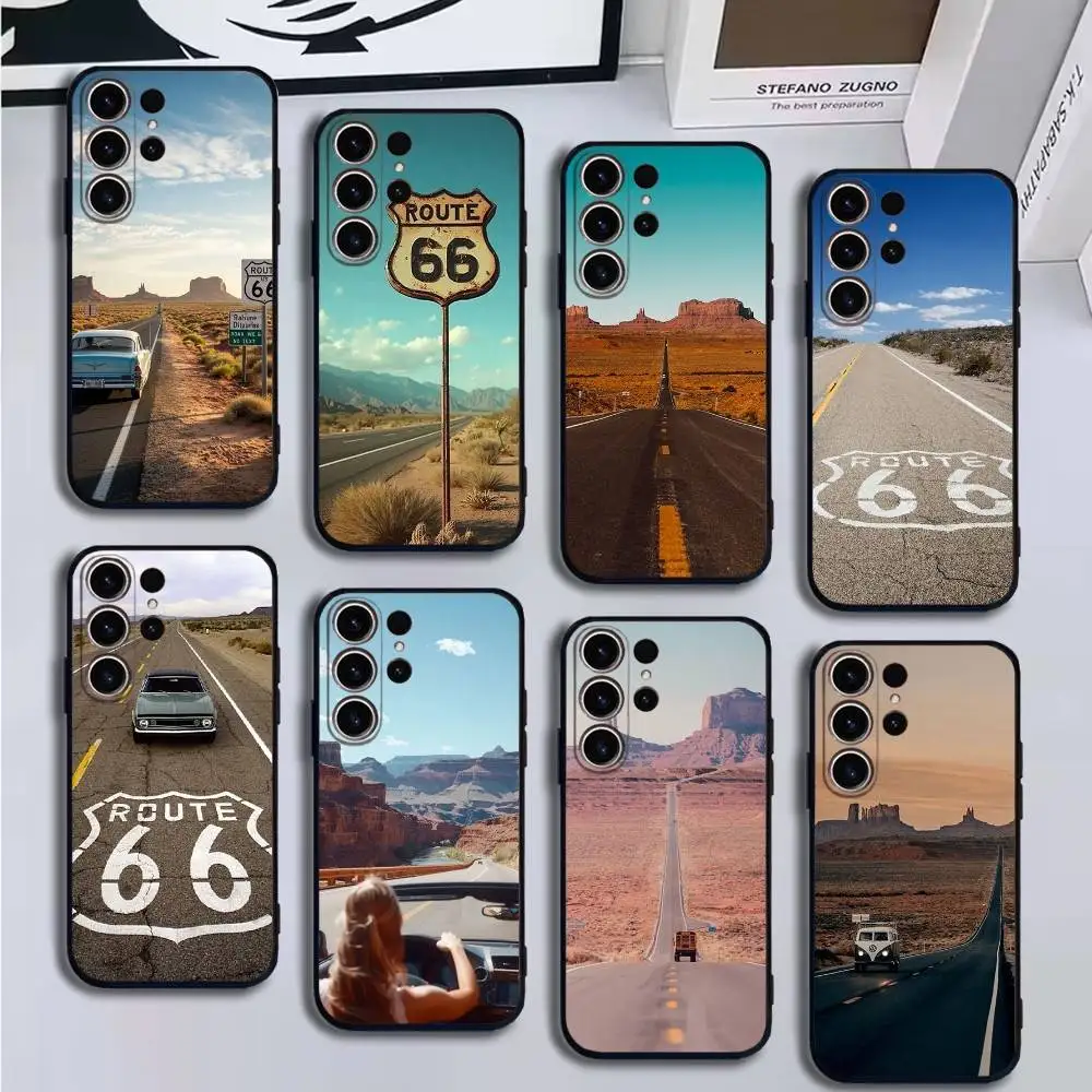

American Route 66 Phone Case For SamsungS25,24,21,22,23,30,Ultra,20,Plus,Fe,Lite,Note,10,9,Soft Black Cover
