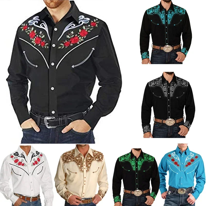 Men's Western Ethnic Style Shirt Retro Printed Long Sleeve Button Shirt Fashion Casual Lapel Cardigan Coat Cowboy Shirts Top