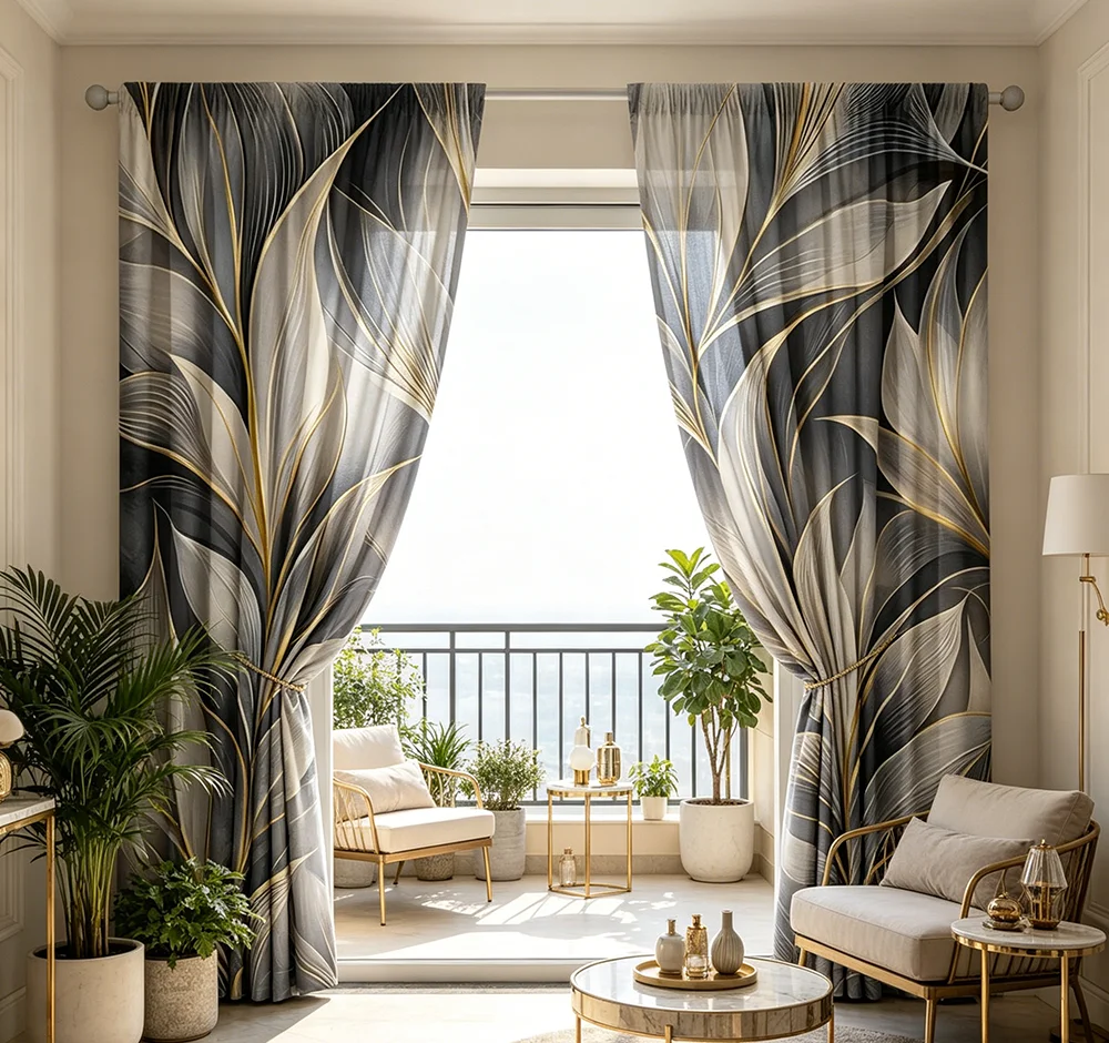 2PCS Digital Printed Curtains, Golden Silk Gray Leaf Luxury Botanical, Modern Home Decor Style for Living Room Bedroom Decor