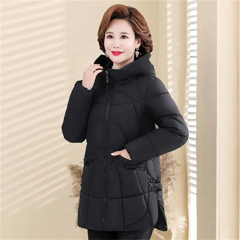 Quilted Winter Hooded Coat For Middle And Elderly 2023 Korean Edition Versatile Fashion Short Mother\'s Thick Down Cotton Jacket