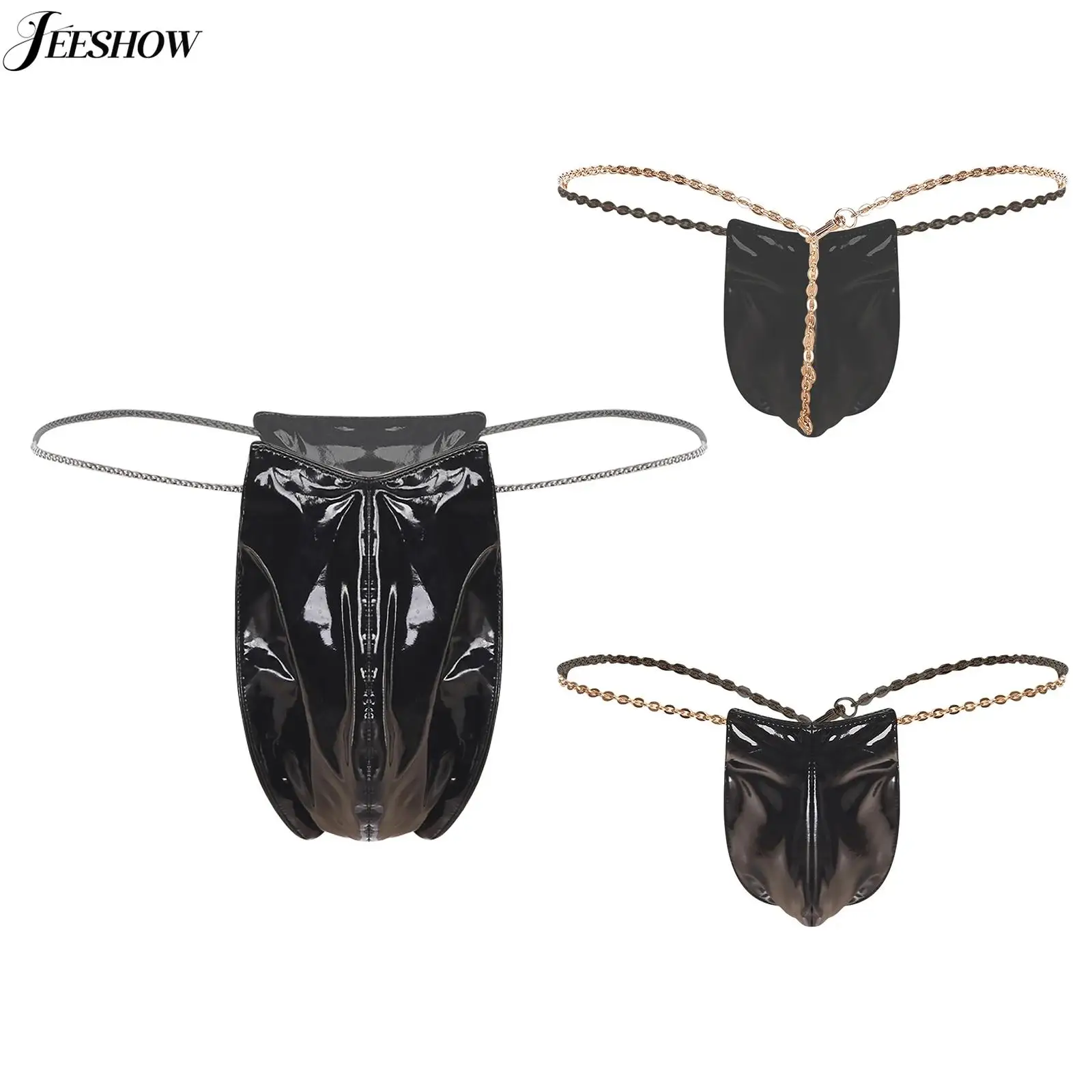 

Мужские сексуальные стринги из искусственной кожи с выпуклым мешочком, металлическая цепочка, пояс с Т-образной спинкой, нижнее белье, глянцевые латексные трусы с низкой посадкой и микро стрингами