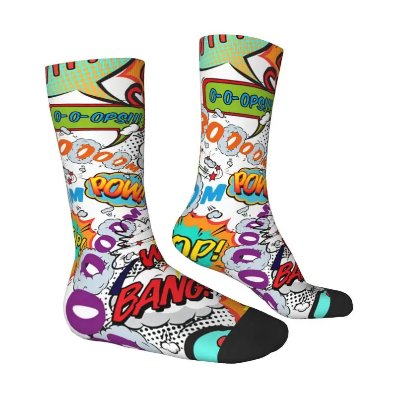 Custom Comic Book Fun Shout Outs Mens Crew Socks Unisex Kawaii Cartoon Graffiti Design Spring Summer Autumn Winter Dress Socks