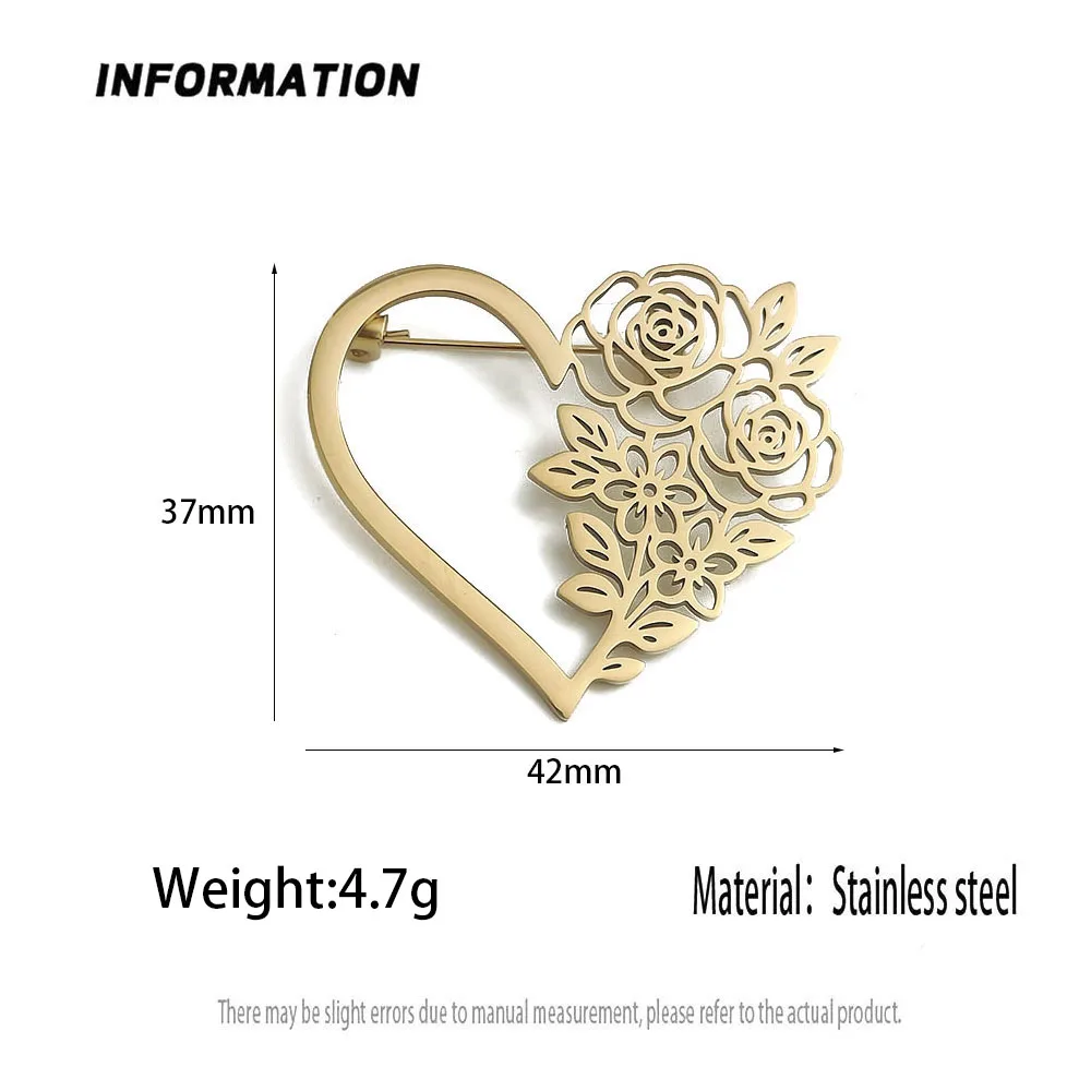 316L Stainless Steel Plated 18K Gold Heart‑Rose Brooch Lapel Pin for Jacket Backpack Unisex Jewelry Gift