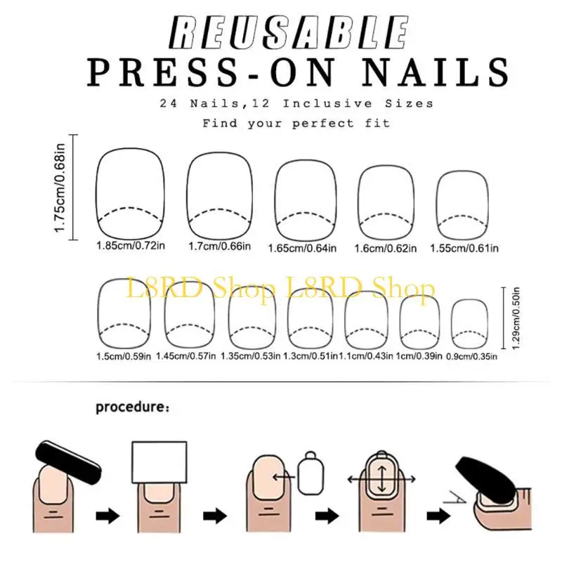 L8rd 24 Stcs kurze quadratische Acrylnagelblüten Vollbedeckungsstock auf Nagel Französisch Press auf Nagel glitzernder