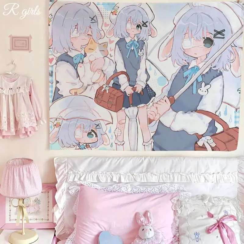 VIKAMA Purple Hair Anime Girl Tapestry, Kawaii Wall Hanging for Bedroom Dorm Girls Room Aesthetic Decor