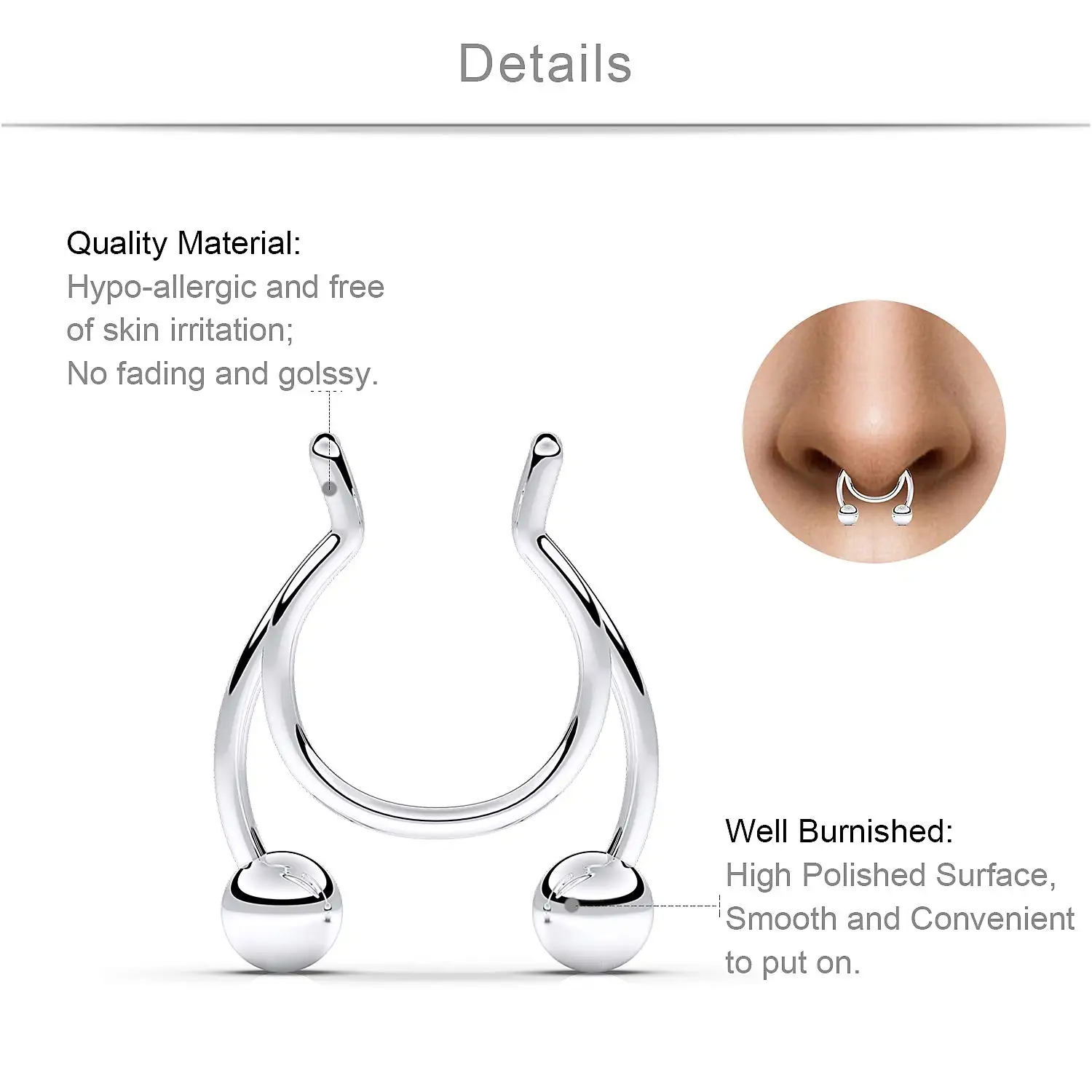 Fake Septum Nose Hoop Rings Clear CZ Faux Non Pierced Hanger Nose Septum Ring Clip On Body Piercing Jewelry 1PCS/19PCS