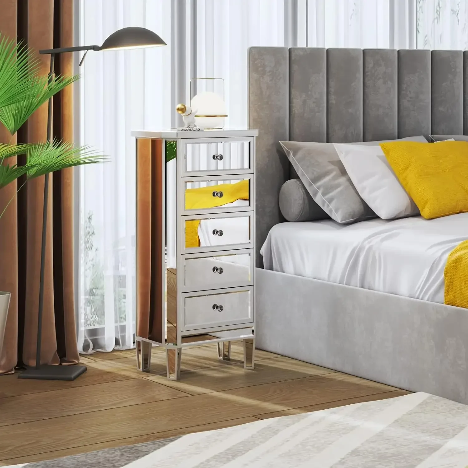 Mirrored Dresser 5 Drawers Modern Chest, Mirrored Chest of Drawers, Glass Dresser for Bedroom, Dressing Room, Living Room。