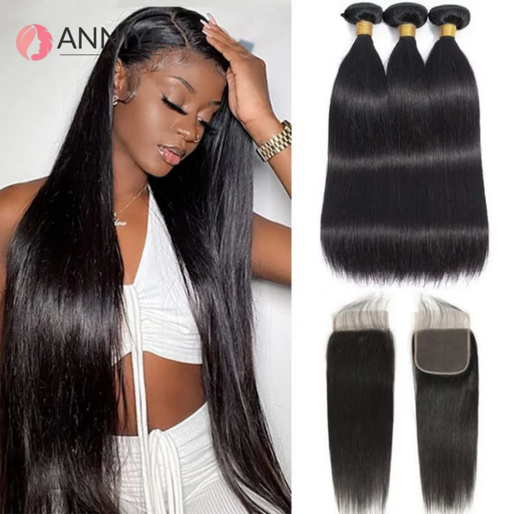 

Bundles With Closure Human Hair Bone Straight 100% Brazilian Virgin Hair Extension 3 Bundles With 4x4 Lace Closure Natural Color