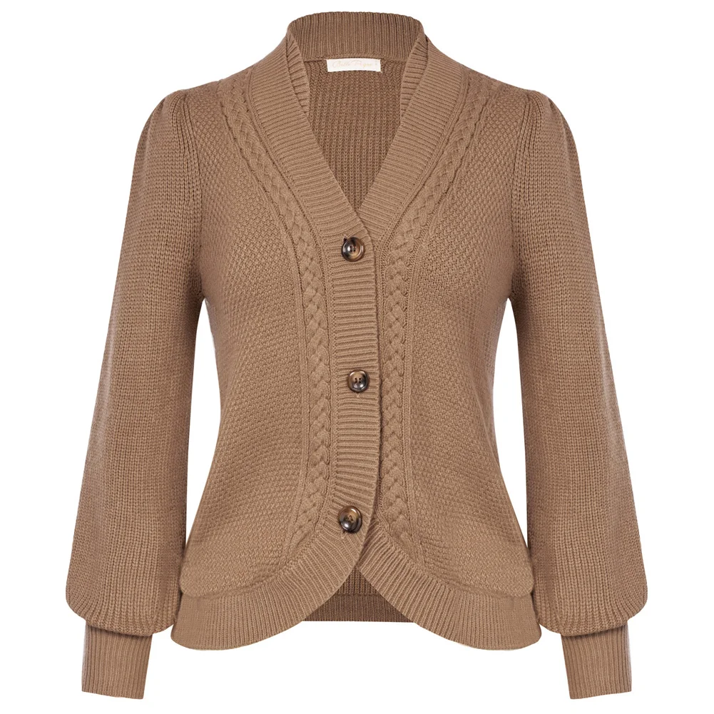 Elle Poque-cárdigan Vintage con dobladillo curvo para mujer, suéter cálido de manga larga con cuello en V y botones, abrigo de otoño e invierno, A30