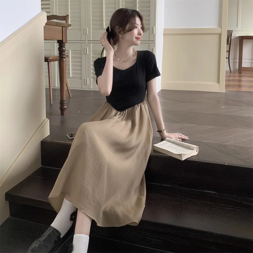 

Korean Style Postpartum Woman Breastfeeding Dress Short Sleeve Summer V-neck Block Color Nursing Dress Maternity Lactation Dress