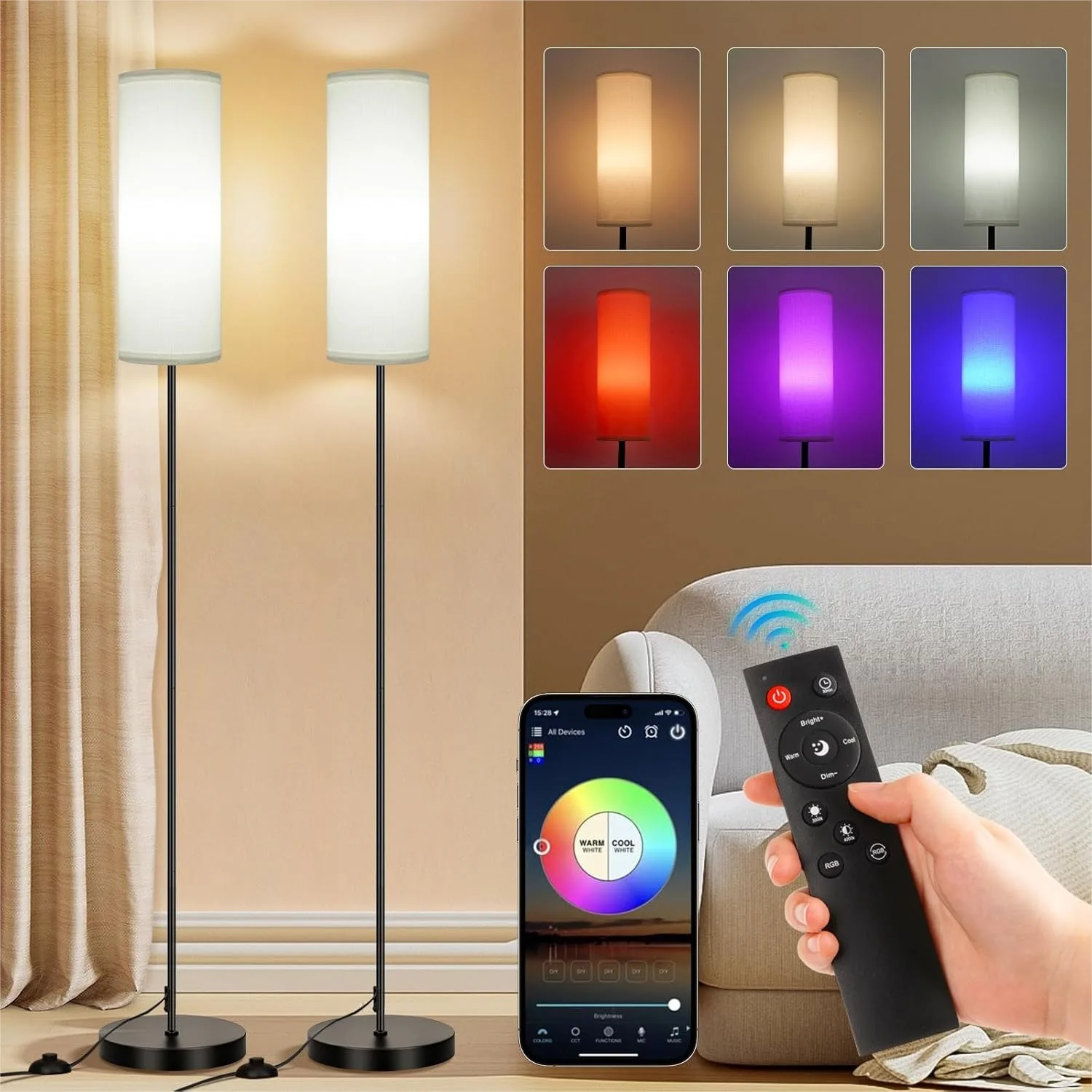 

Floor Lamps for Living Room, Dimmable Color Temperature & Brightness, Tall Standing Lamp with Remote, 9W Smart Bulb
