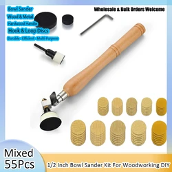 55Pcs 1Inch 2 Inch Bowl Sander Kit with Hook & Loop Sanding Discs Hardwood Handle Foam Buffer pad for Woodworking DIY Polishing