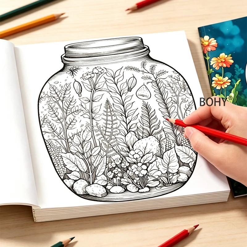 1 Glass Jar Secret Realm Decompression and Coloring Brochure 20 Pages of Theme Drafts Adults To Relax and Relieve Mental Anxiety
