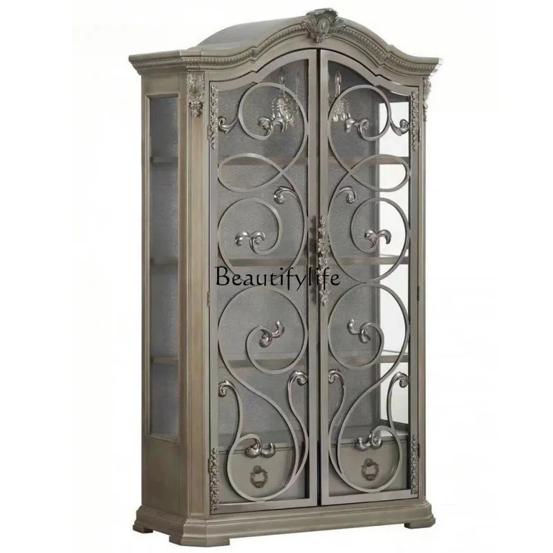 

French solid wood wine cabinet post-modern simple light luxury glass door display cabinet