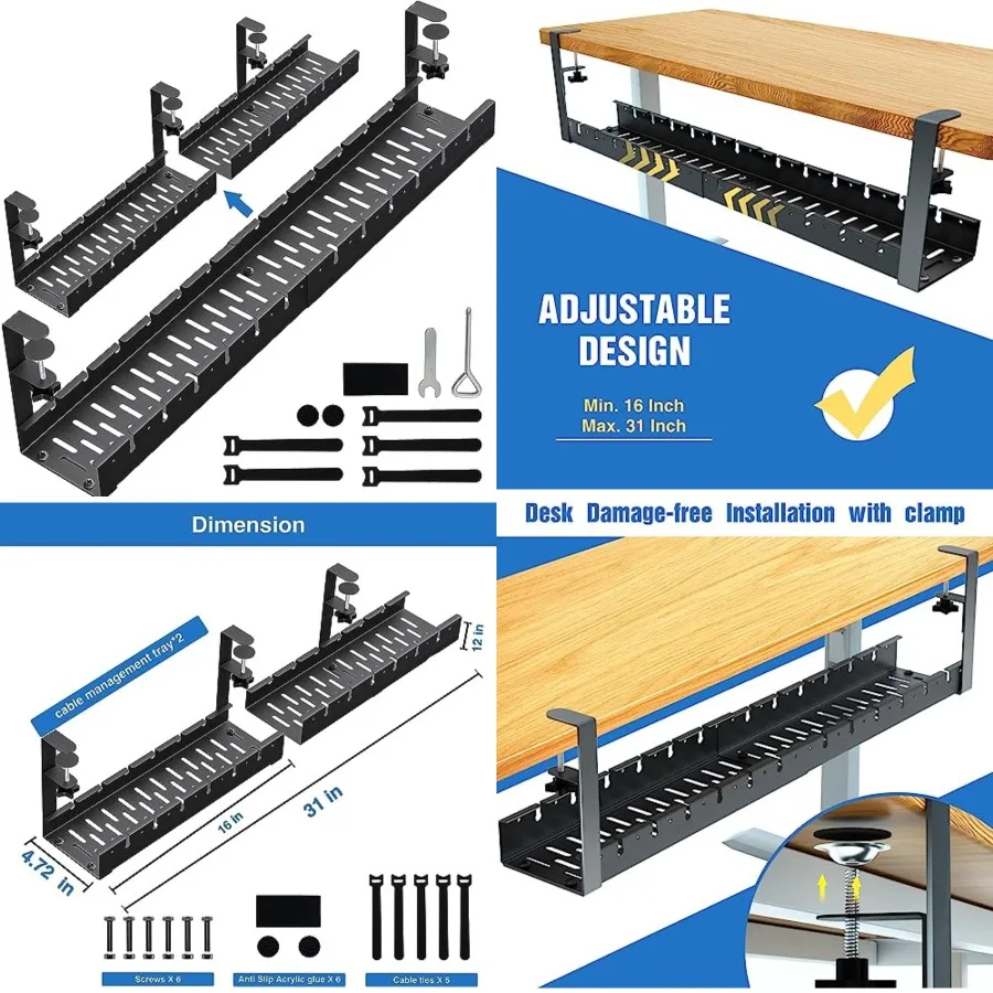 

No Drilling Extendable Under Desk Cable Management, Metal Cable Management Tray Under Desk with Clamp, Retractable Power Strip