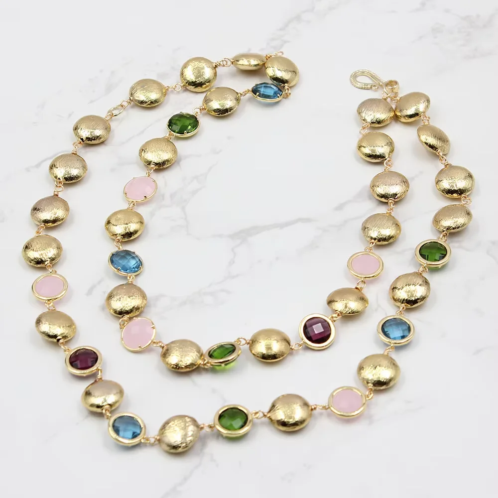 2 Strands Multi Color Coin Crystal Glass Gold Plated Brushed Bead Necklace Women Fashion Jewelry